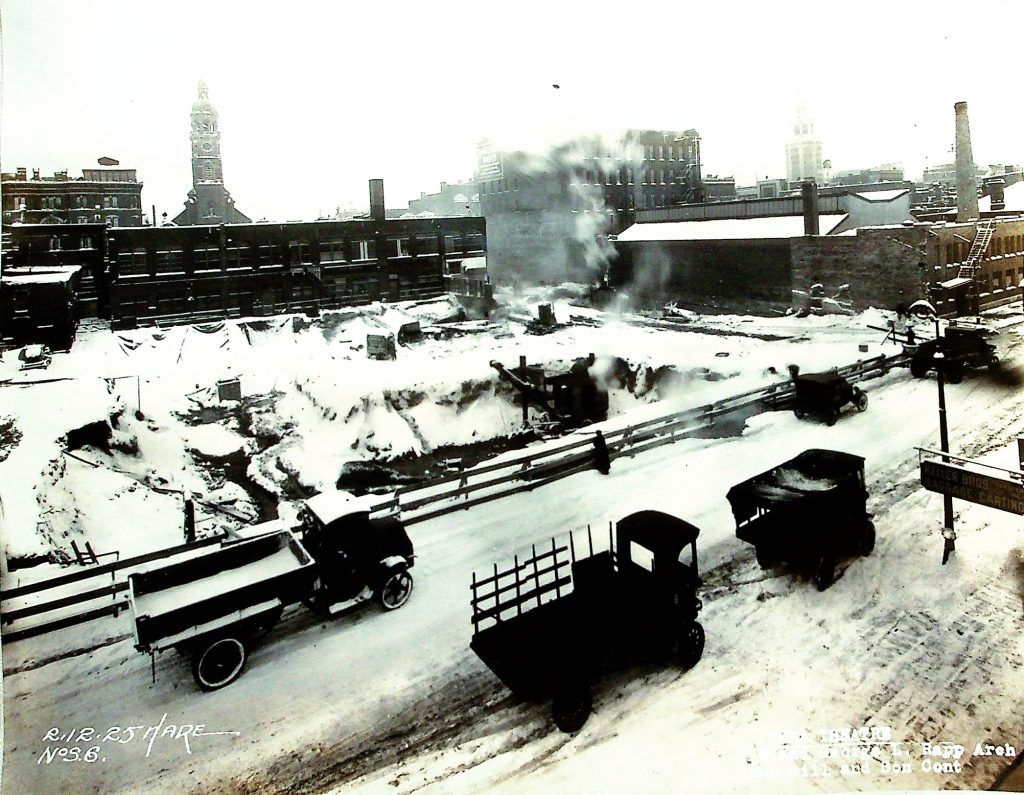 Despite heavy snowfall, construction on Shea's continued at a steady pace. This view from Pearl Street captures the determination of the crew as they pressed forward, ensuring progress through Buffalo's tough winter weather.